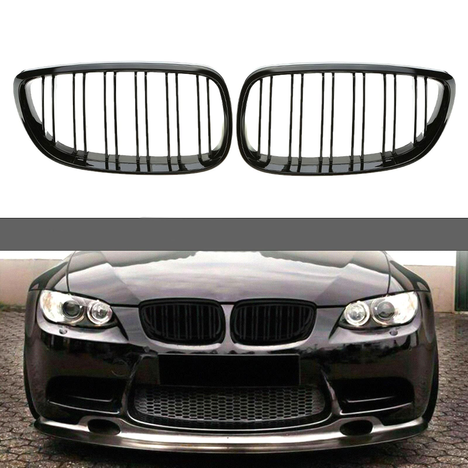 1 Paar Front Kühlergrill Ersatz für BMW 3er E92 E93 2006-2009, Doppelsteg Niere vordere Stoßstange Kühlergrill Glanz Schwarz von ConBlom