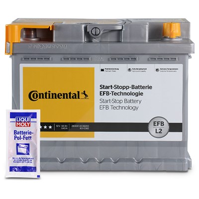 Continental Starterbatterie EFB 60Ah 640A L2 + 10g Pol-Fett für Abarth, Alfa Romeo, Audi, BMW, Chevrolet, Citroën, Dacia, Daihatsu, Dodge, Ds, Fiat, F von Continental