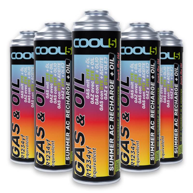 Cool5 5X Summer AC Recharge + Öl - Kältemittel mit Öl - R1234YF Ersatz Gas für Klimaanlage Auto - Klima Nachfüllset Auto - Klimaanlage Kältemittel, Nachfüllgas - für Autos ab 2017-290 g Netto von Cool5
