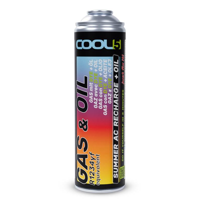 Cool5 Summer AC Recharge + Öl - Kältemittel mit Öl - R1234YF Ersatz Gas für Klimaanlage Auto - Klima Nachfüllset Auto - Klimaanlage Kältemittel, Nachfüllgas - für Autos ab 2017-290 g Netto von Cool5