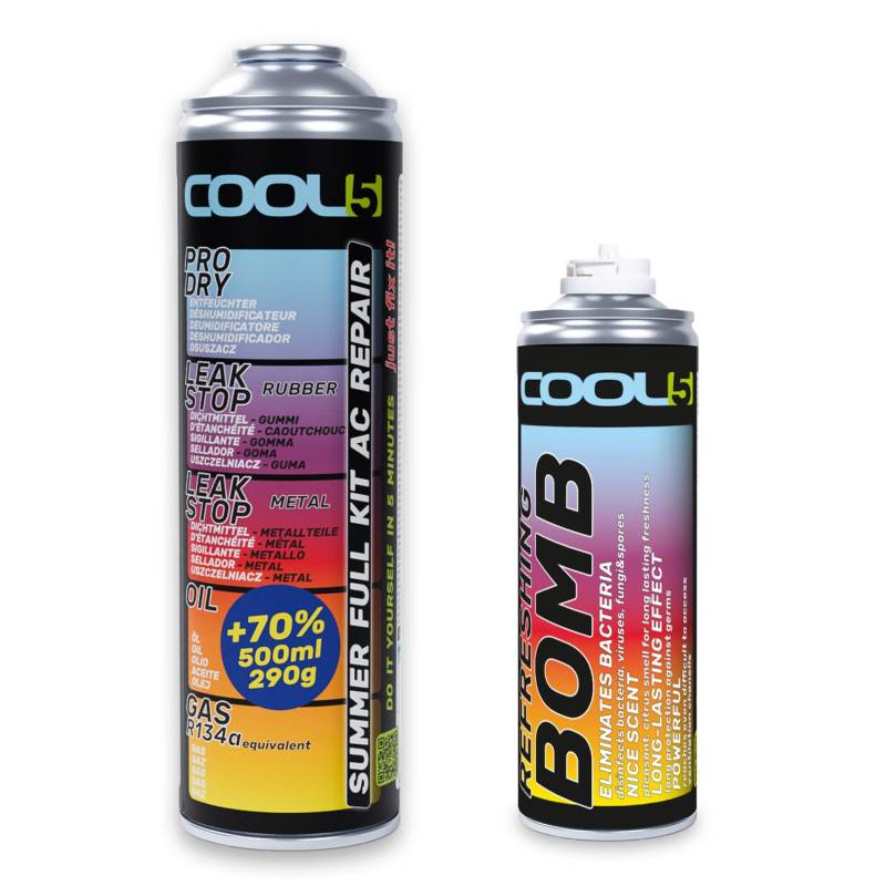 Cool5 Klimaanlagen Reparatursatz Summer Full Kit AC Repair Summer AC Recharge + Öl + Refreshing Bomb (1 DOSE 5in1 +1 Dose Refreshing Bomb) von Cool5