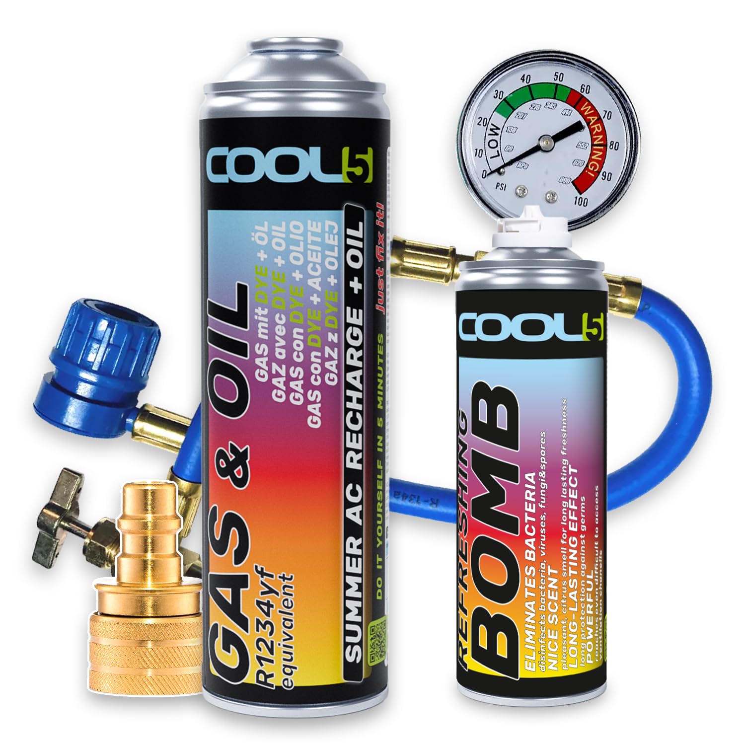 Cool5 Summer AC Recharge + Öl KIT - Klimaanlagen-Reparaturset - Kältemittel-Gas-Ersatz mit Öl (R1234yf Gas-Ersatz) mit Messschlauch + Adapter YF - für Autos ab Baujahr 2017, 290g + Refreshing Bomb von Cool5