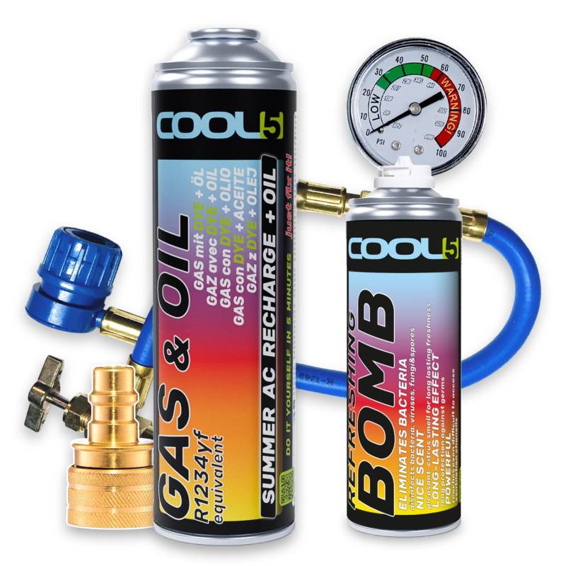 Cool5 Summer AC Recharge + Öl KIT - Klimaanlagen-Reparaturset - Kältemittel-Gas-Ersatz mit Öl (R1234yf Gas-Ersatz) mit Messschlauch + Adapter YF - für Autos ab Baujahr 2017, 290g + Refreshing Bomb von Cool5