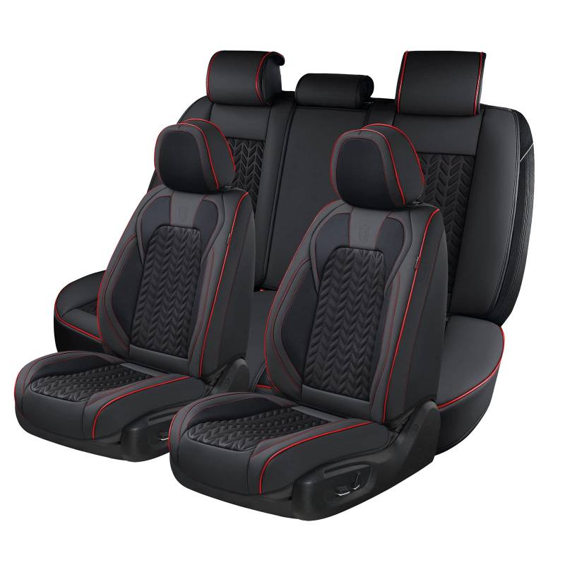 Coverado Sitzbezüge Auto Leder Komplettset, Wasserdichtes Autositzbezüge für 5-Sitze mit geprägten Körnern, Universell Sitzbezug Auto Sitzschoner Kompatibel für Limousinen SUV Pickup LKW,Seat Cover von Coverado