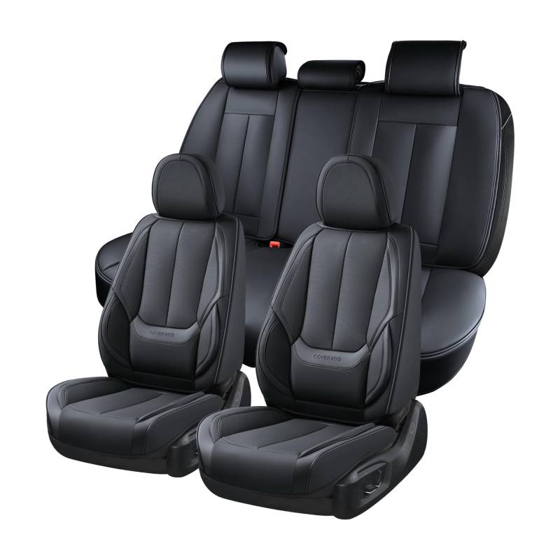 Coverado Sitzbezüge Vorne und Hinten 5 Stück, Wasserdichtes Leder Auto Sitzschutz Komplettset, Universal Fit für die meisten Limousinen SUV Pick-up Truck, Schwarz von Coverado