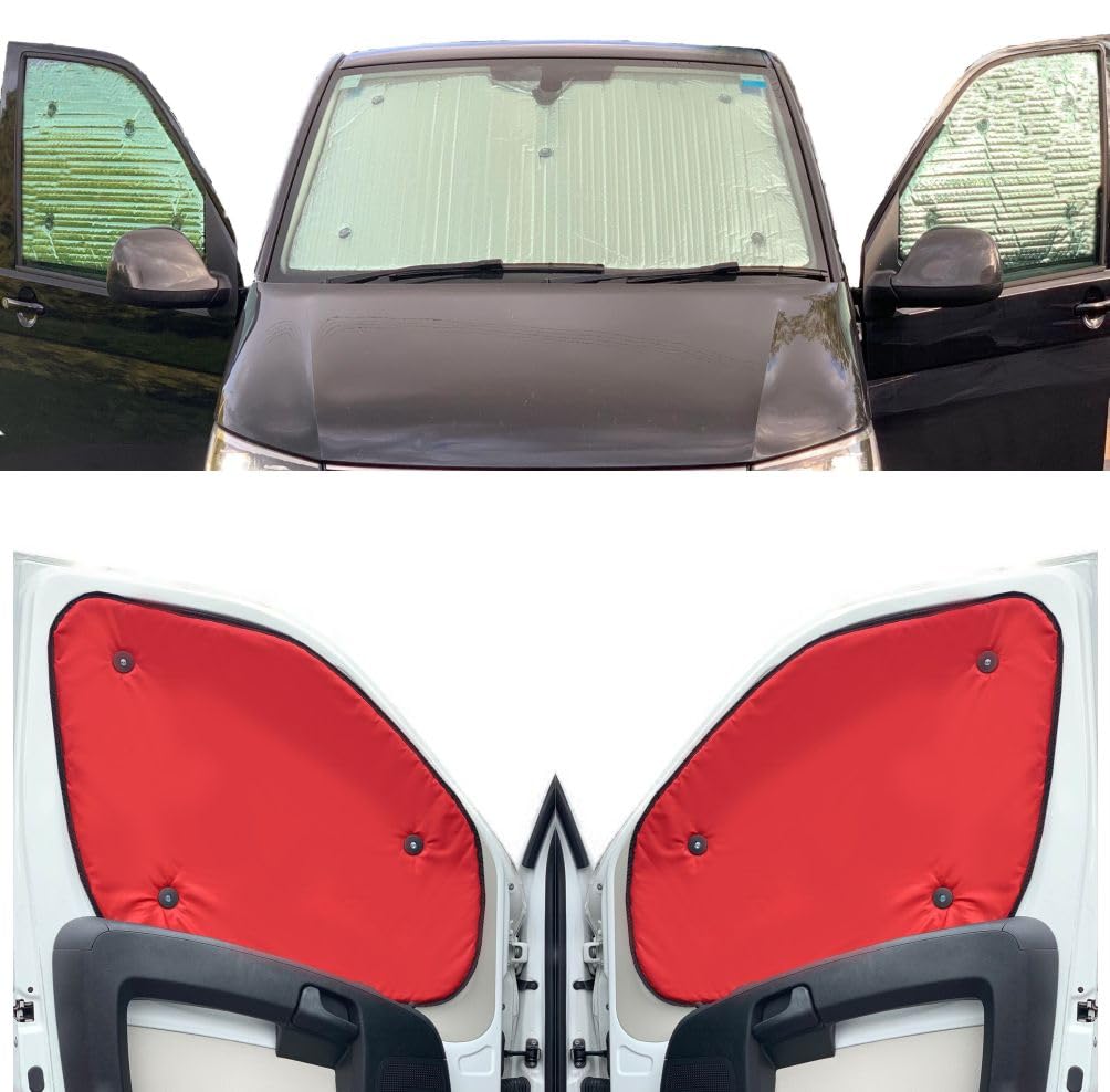 Fensterrollo-Set Kombatibel Mit VW T5 Transporter (2003-2010)(Komplettset SWB + Heckklappe) Rückseite einfärben Rot, Reversibel und Thermisch von Covprotec