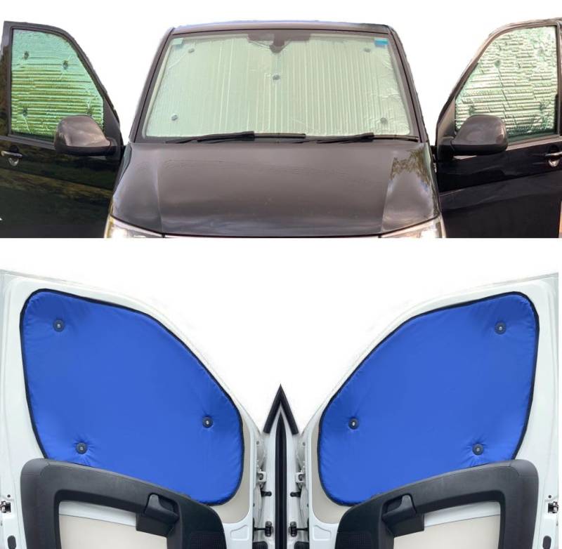 Fensterrollo-Set Kombatibel Mit Citroen Berlingo (2018-Date)(Komplettset SWB + Heckklappe + Dachfenster) Hintergrundfarbe in Blau, Reversibel und Thermisch von Covprotec