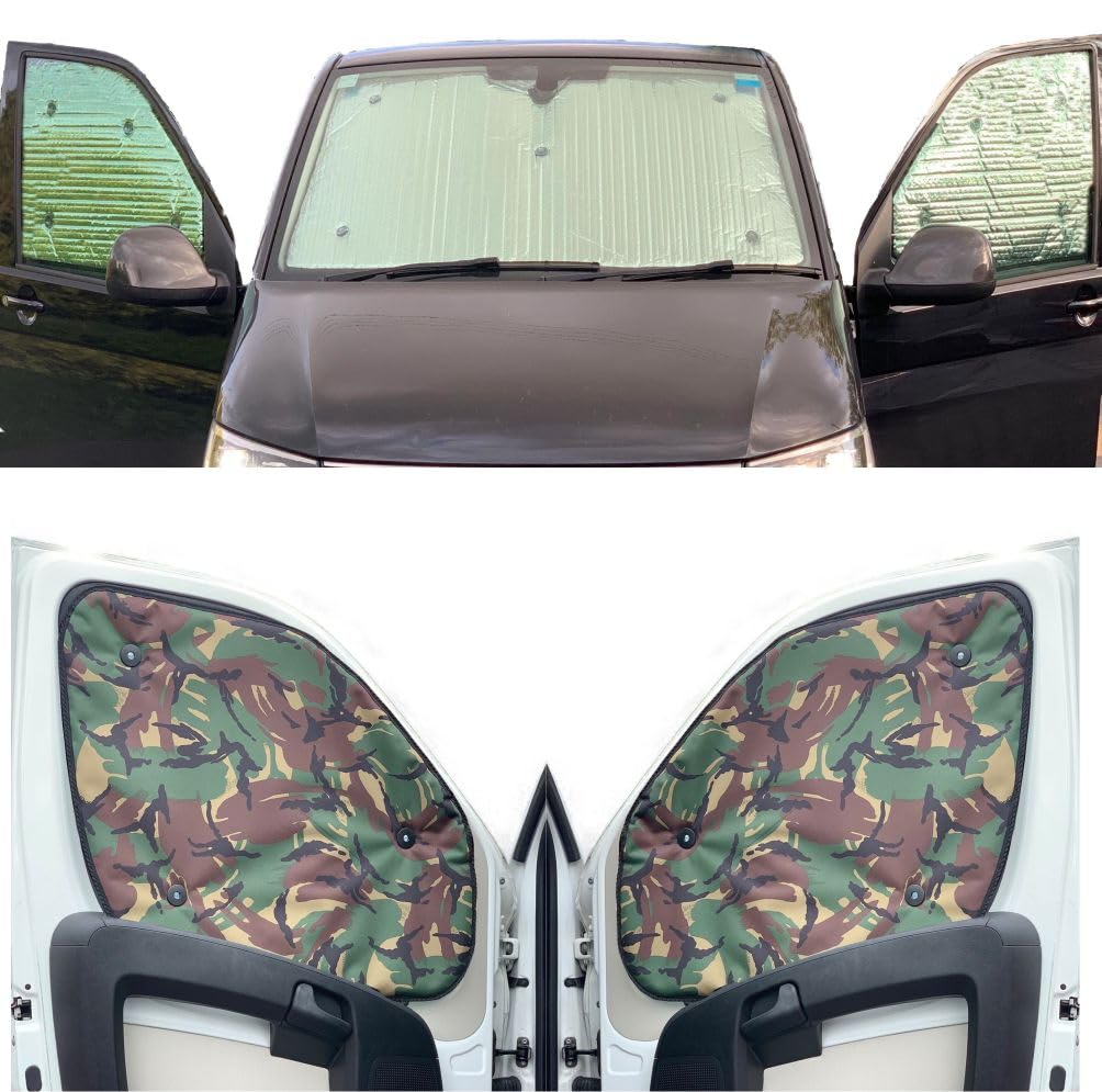 Fensterrollo-Set Kombatibel Mit VW T6.1 Transporter (2020-Date)(Frontset) Rückenfarbe in Tarnfarbe, Reversibel und Thermisch von Covprotec