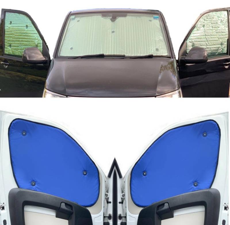 Fensterrollo-Set Kombatibel Mit VW T6.1 Transporter (2020-Date)(Frontset mit Regensensor) Hintergrundfarbe in Blau, Reversibel und Thermisch von Covprotec