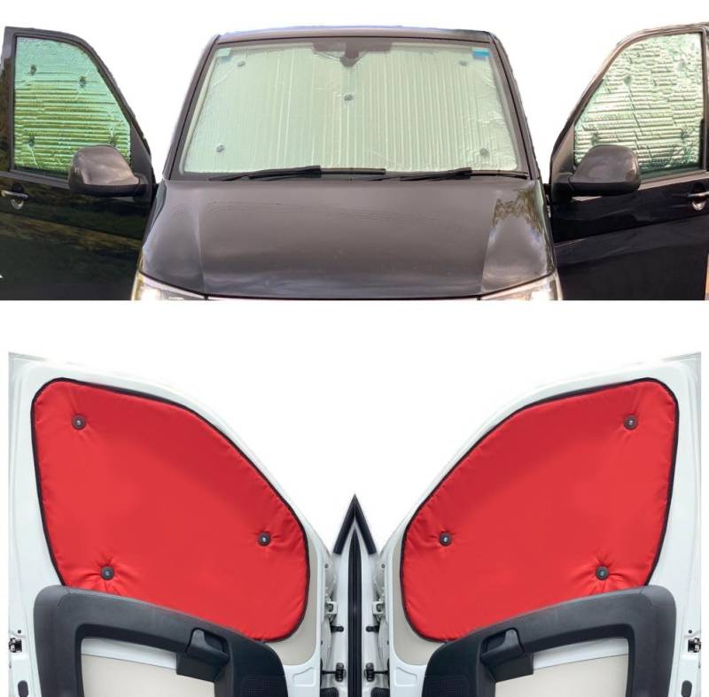 Fensterrollo-Set Kombatibel Mit VW T7 Transporter (2023-Date)(Komplettset SWB + Heckklappe) Rückseite einfärben Rot, Reversibel und Thermisch von Covprotec
