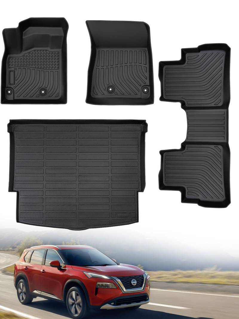 Für Nissan Rogue Fußmatten 2023 2022 2021, für Rogue Mats Allwetter-Boden-Frachtkofferraummatten, für Nissan Rogue Zubehör 2021–2023, dunkelschwarz, 4 Stück/Set (Nicht für Rogue Select und von CreekT