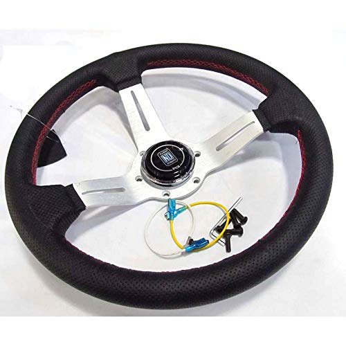 Universal Rennlenkrad,Drifting-Lenkrad, Racing-Sport-Entwurf 330mm 13inch Silber Farbe Deep Dish Echtes Leder Tuning treibende laufende Lenkrad-Speichen von Crepundia