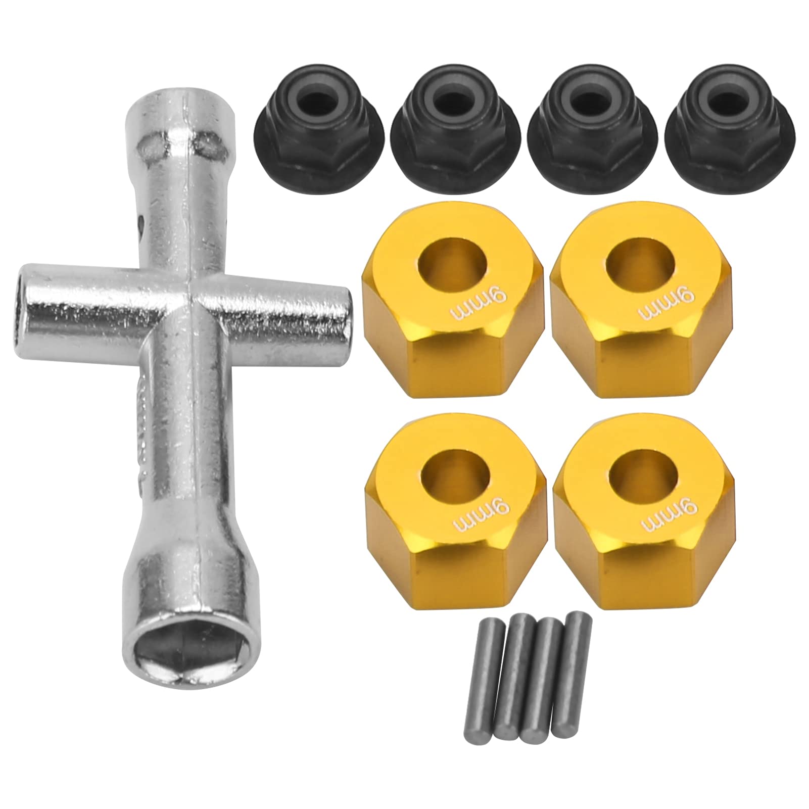 Culnflun 12mm Rad Hex Hub Adapter 9mm Dicke M4 Flanschverriegelungsmuttern Kreuzschlüssel Set für 1/10 RC -Auto (Gold) von Culnflun