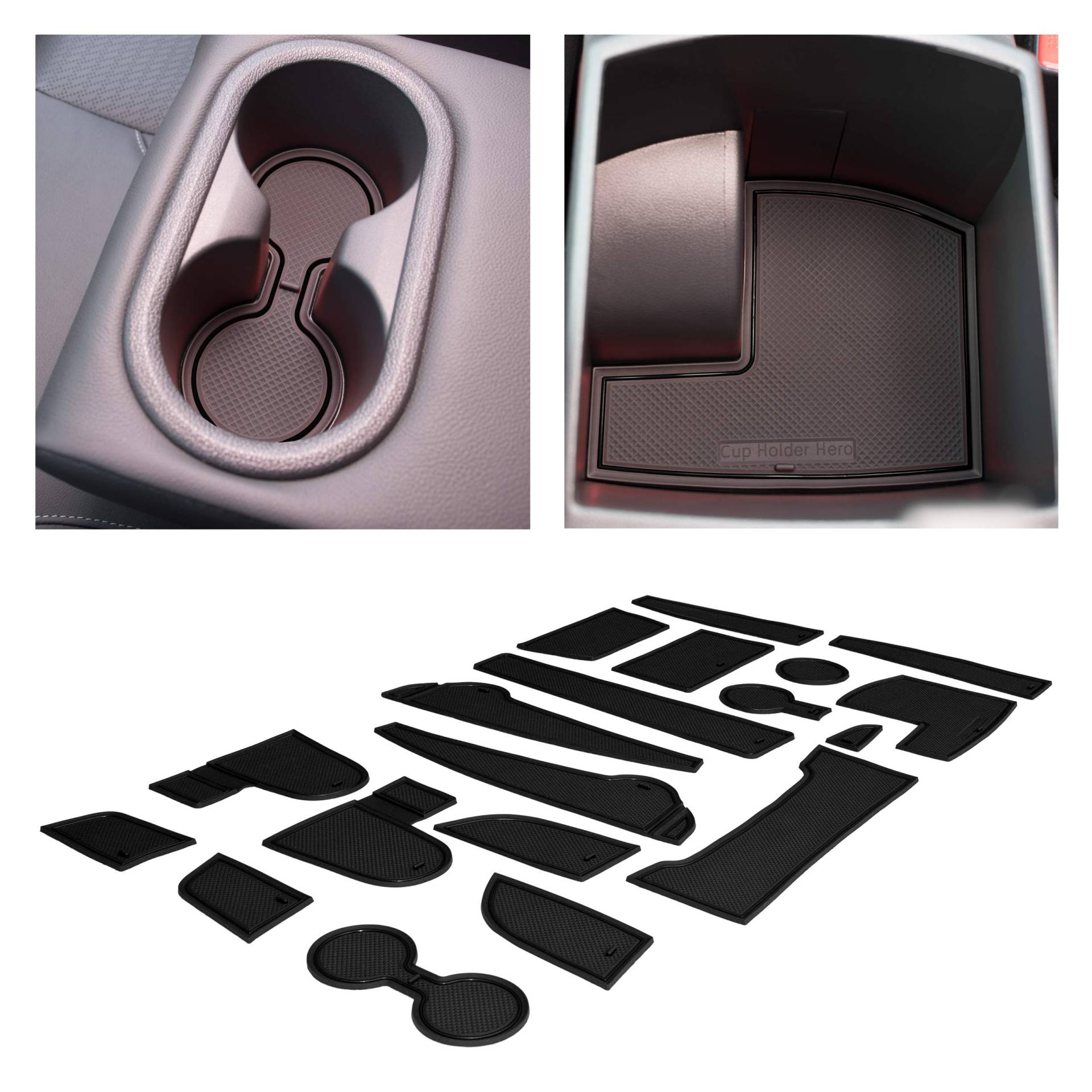 CupHolderHero Für Hyundai Kona Zubehör 2018–2021 Premium Custom Interior Anti-Rutsch Anti-Staub Becherhalter Einsätze Mittelkonsole Liner Matten Tür Pocket Liner 19-teiliges Set (Solid Black) von CupHolderHero