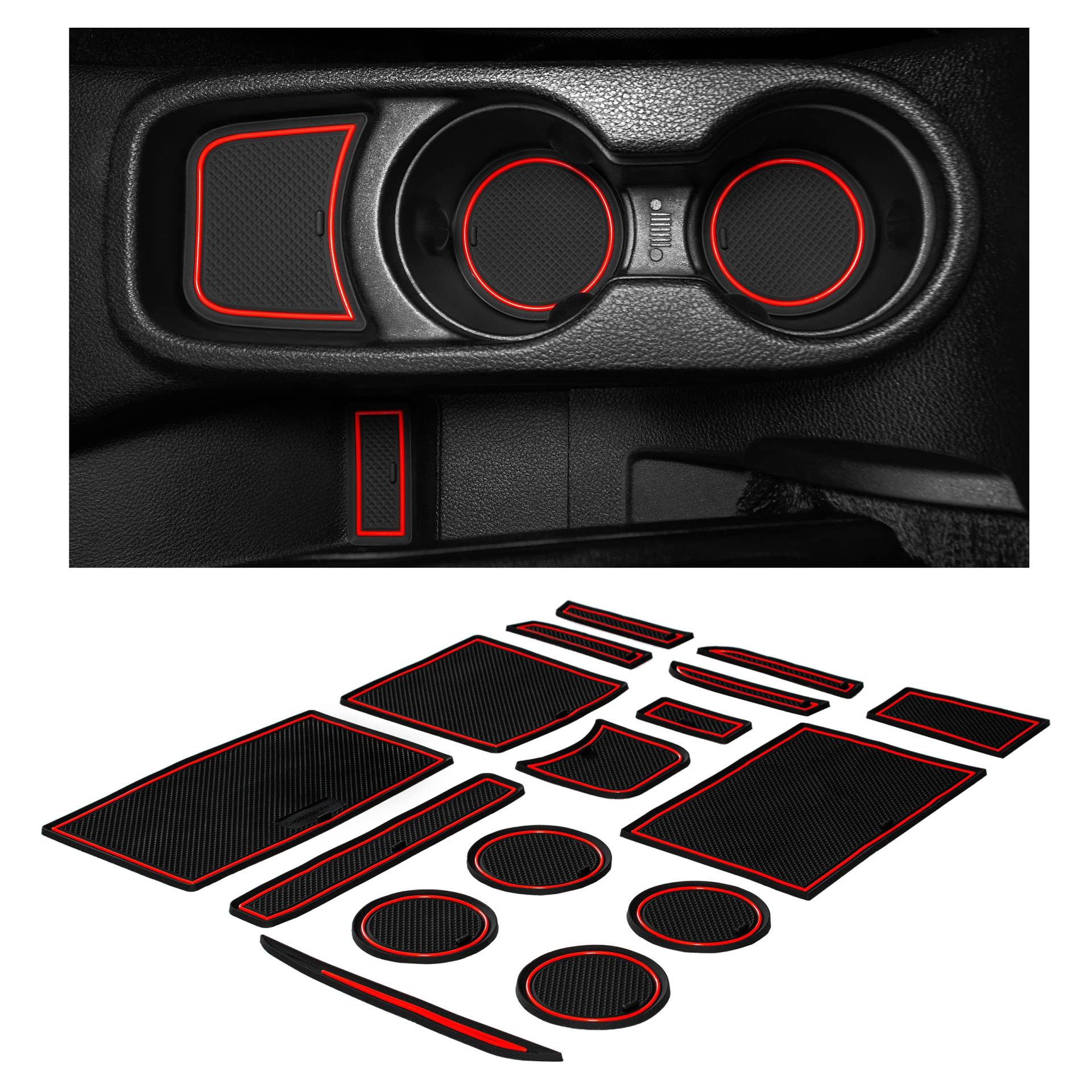 CupHolderHero Passend für Jeep Wrangler JK Accessories 2011–2017 PremiumInnenAntiRutsch AntiStaub GetränkehalterEinsätze, Mittelkonsole Liner Mats, TürtaschenEinlagen, Set (2011–2017) (roter von CupHolderHero