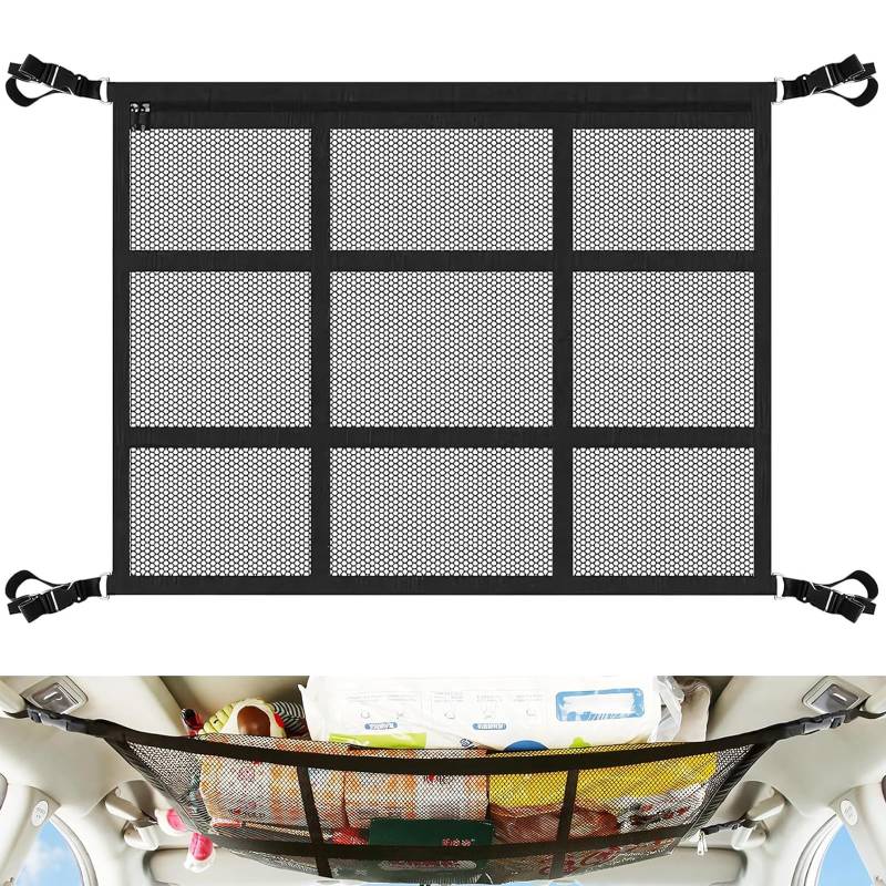 Gepäcknetz Auto 90x65 cm, Universal Gepäcknetz Netztasche mit Reißverschluss für Aufbewahrung, Doppellagige Autodach Aufbewahrung für Decken, Auto Camping Zubehör Autonetz Organizer für SUV Van von Cveenk