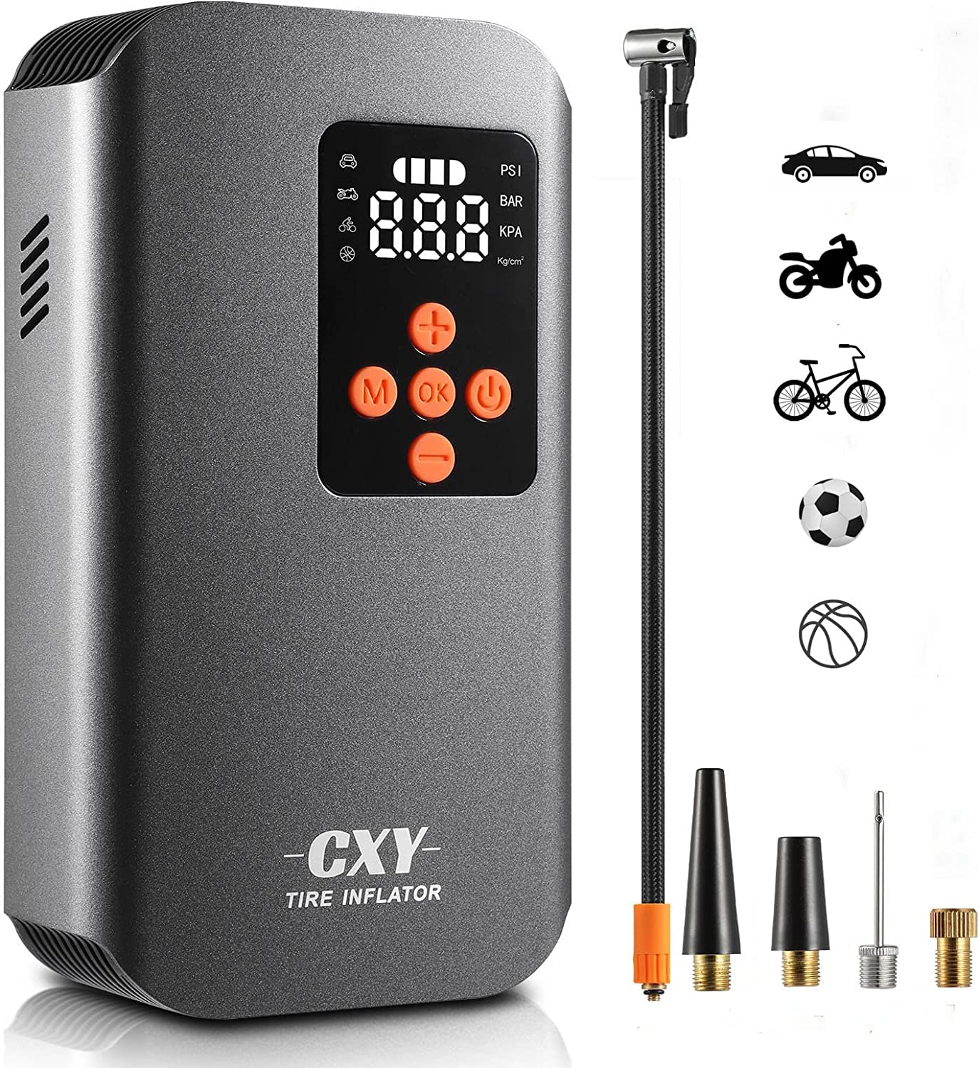 Cxy Elektrische Luftpumpe, 7500mAh Akku Kompressor, Digitale Auto- & Fahrradpumpe, 4 Düsen, für Autos, Motorräder, Fahrräder, Bälle von Cxy