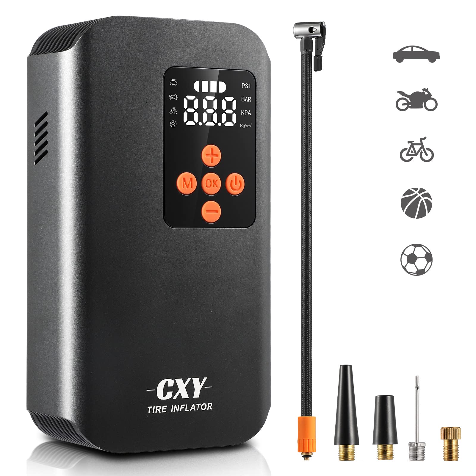 Cxy Elektrische Fahrradpumpe - 7500mAh, 150 PSI, Tragbare Mini Luftkompressor mit Manometer, USB & LED-Licht, Ideal für Auto, Motorrad, E-Bike und Bälle - Kompakt & Multifunktional von Cxy