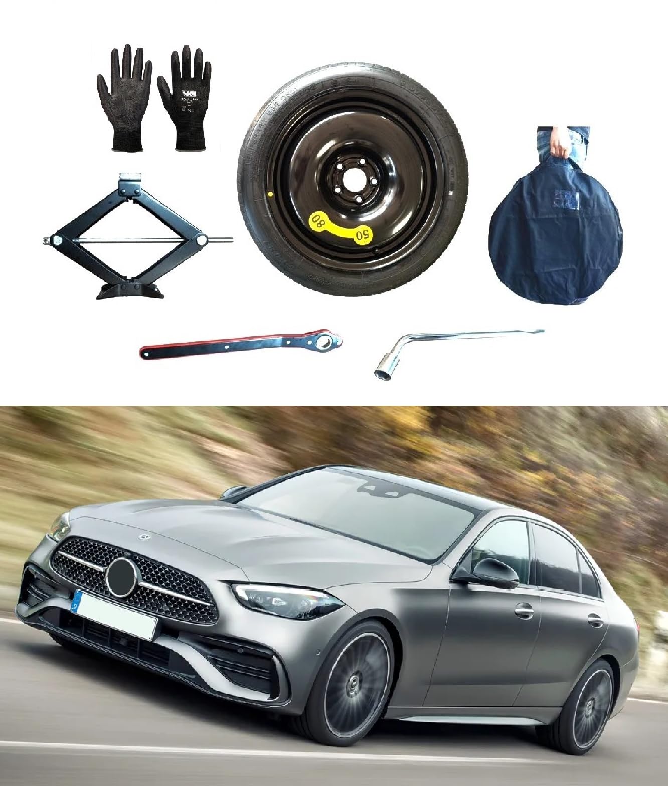 18" Notrad Set kompatibel mit Mercedes C-Klasse mit Wagenheber, Schlüssel, Handschuhe und Tasche 18" Notrad Set kompatibel mit Mercedes C-Klasse mit Wagenheber, Schlüssel, Handschuhe und Tasche von D'ANGELO 1988