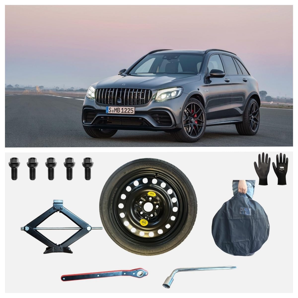 19" Notrad kompatibel mit Mercedes GLC mit Wagenheber, Schlüssel, Handschuhe und Tasche 19" Notrad kompatibel mit Mercedes GLC mit Wagenheber, Schlüssel, Handschuhe und Tasche von D'ANGELO 1988