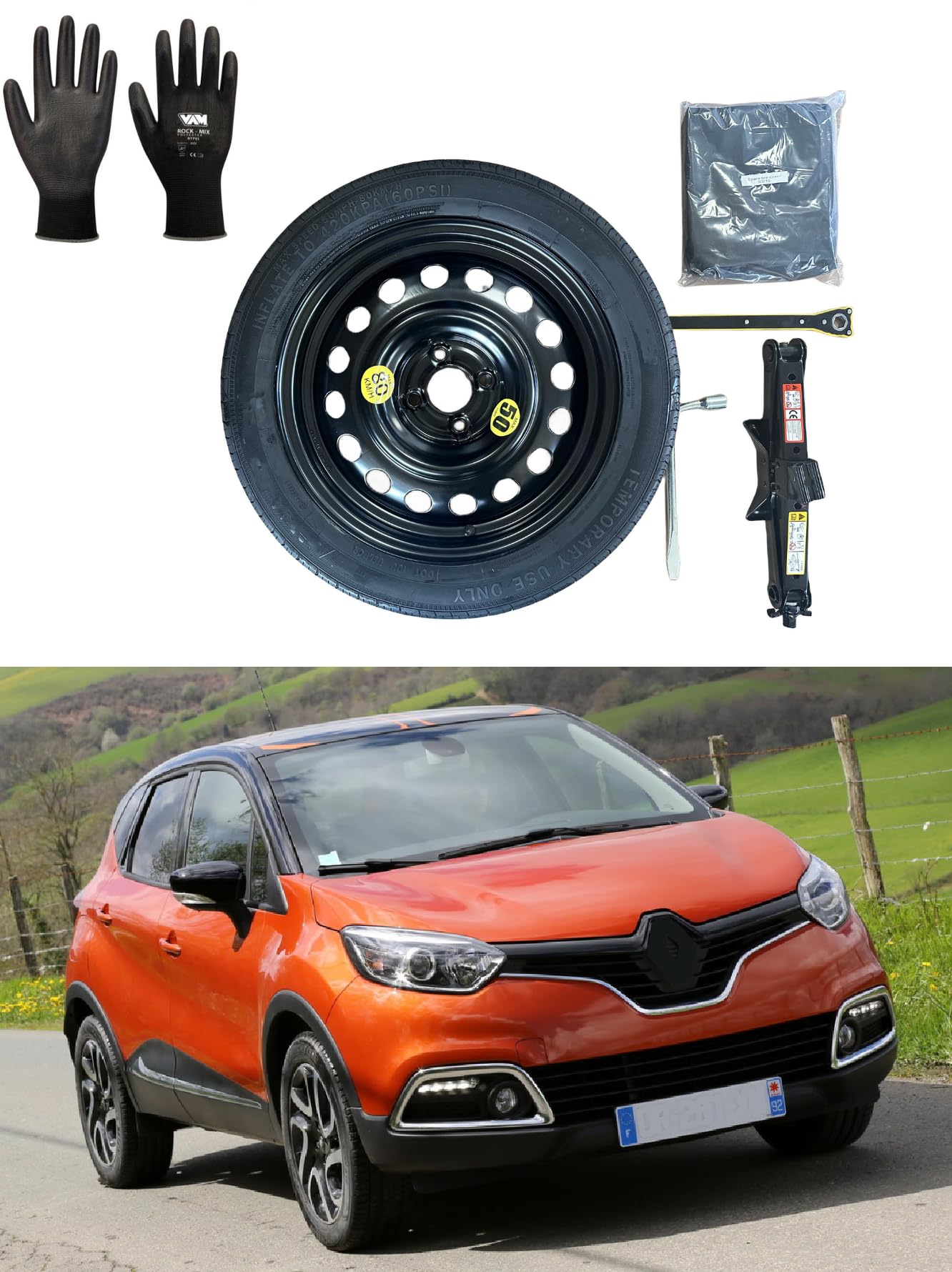 Ersatzrad-Set, 40,6 cm (16 Zoll), kompatibel mit Renault Captur 4-Loch (2013-2019), mit Wagenheber, Schlüssel, Handschuhe und Tasche 125/70r16 von D'ANGELO 1988