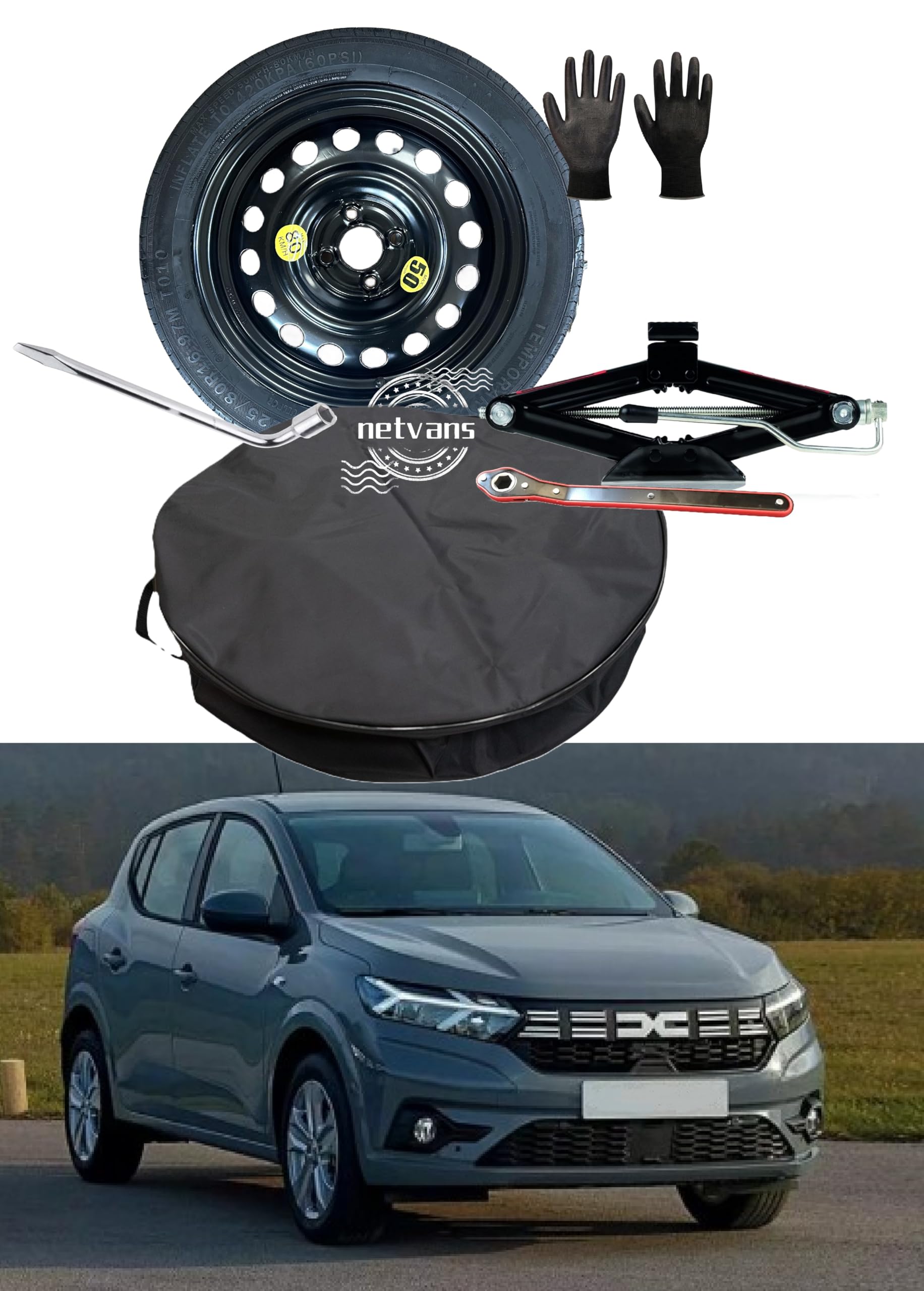 Ersatzradsatz 16 Zoll kompatibel mit Dacia Sandero Stepway mit Wagenheber, Schlüssel und Tasche 125/80R16 Ersatzradsatz 16 Zoll kompatibel mit Dacia Sandero Stepway mit Wagenheber, Schlüssel und Tasche 125/80R16 von D'ANGELO 1988