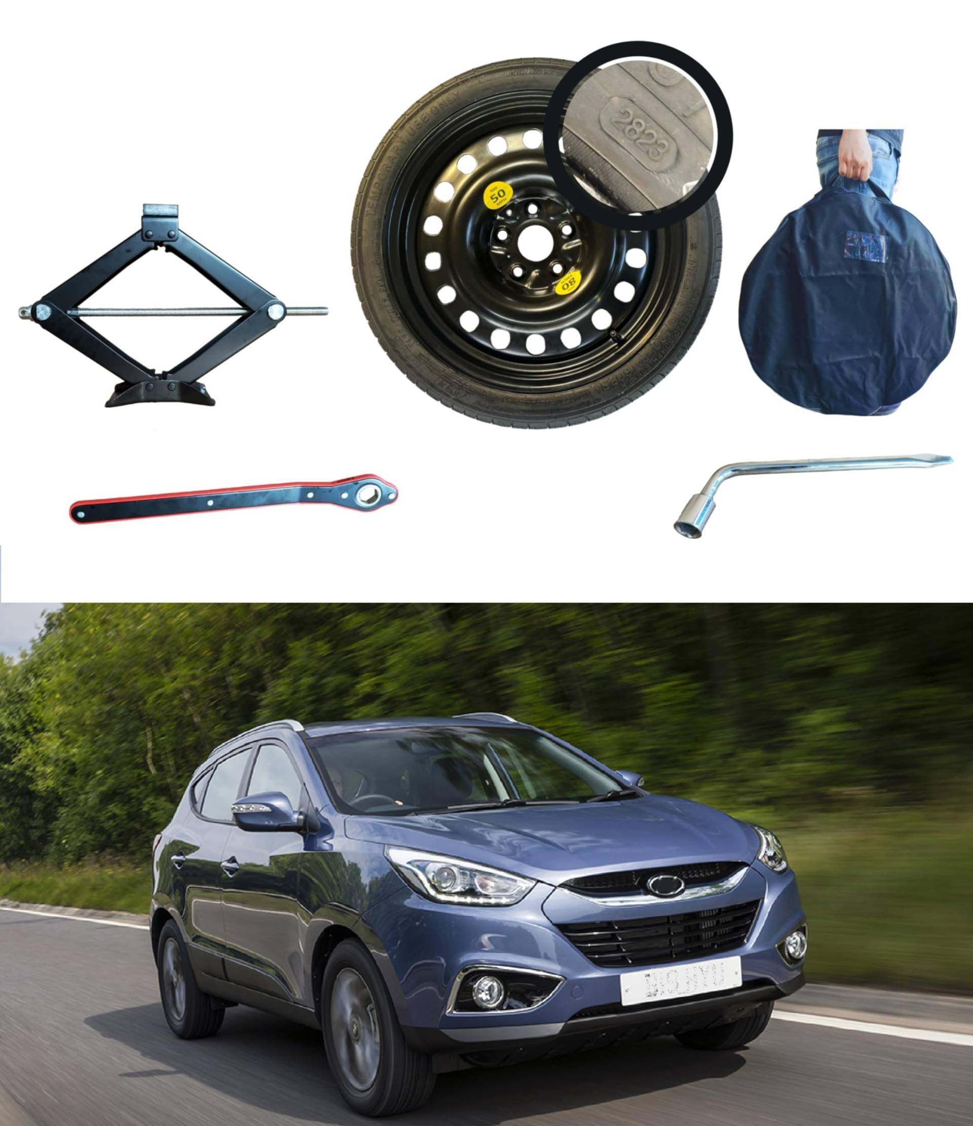 Ersatzradsatz 17 Zoll kompatibel mit Hyundai IX35 mit Wagenheber, Schlüssel und Tasche 155/90R17 Ersatzradsatz 17 Zoll kompatibel mit Hyundai IX35 mit Wagenheber, Schlüssel und Tasche 155/90R17 von D'ANGELO 1988