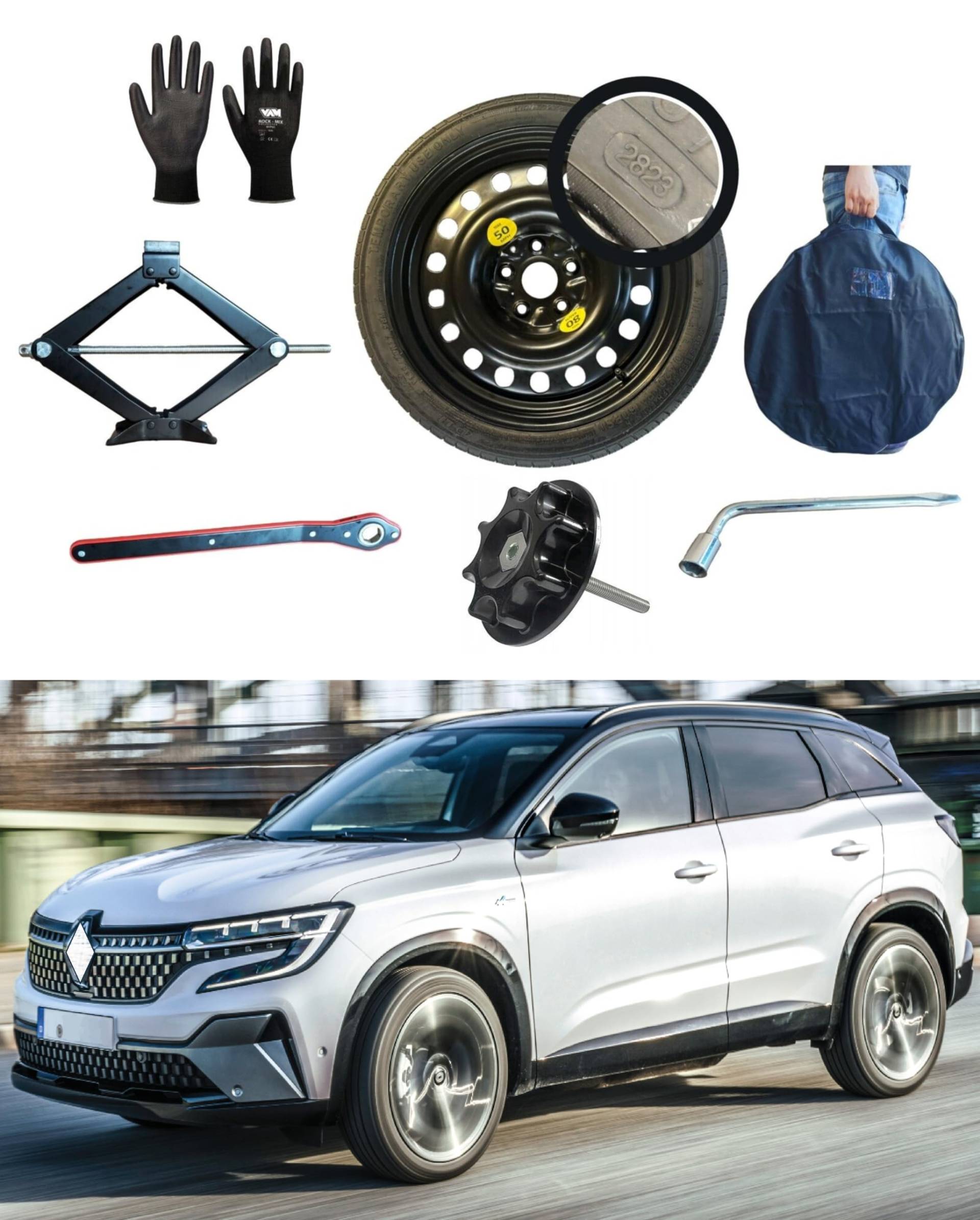 Notrad 17" kompatibel mit Renault Austral mit Wagenheber, Schlüssel, Befestigungsschraube, Handschuhe und Tasche Notrad 17" kompatibel mit Renault Austral mit Wagenheber, Schlüssel, Befestigungsschraube, Handschuhe und Tasche von D'ANGELO 1988