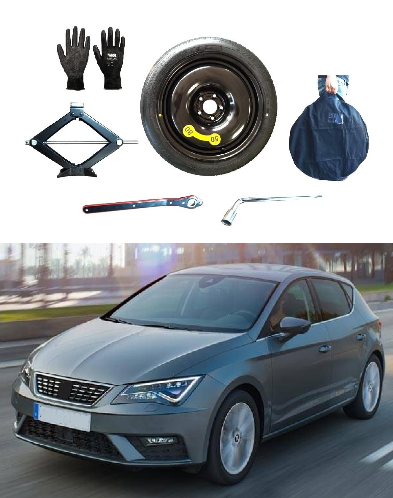 Notrad 17" kompatibel mit Seat Leon, mit Wagenheber, Schlüssel, Handschuhe und Tasche Notrad 17" kompatibel mit Seat Leon, mit Wagenheber, Schlüssel, Handschuhe und Tasche von D'ANGELO 1988