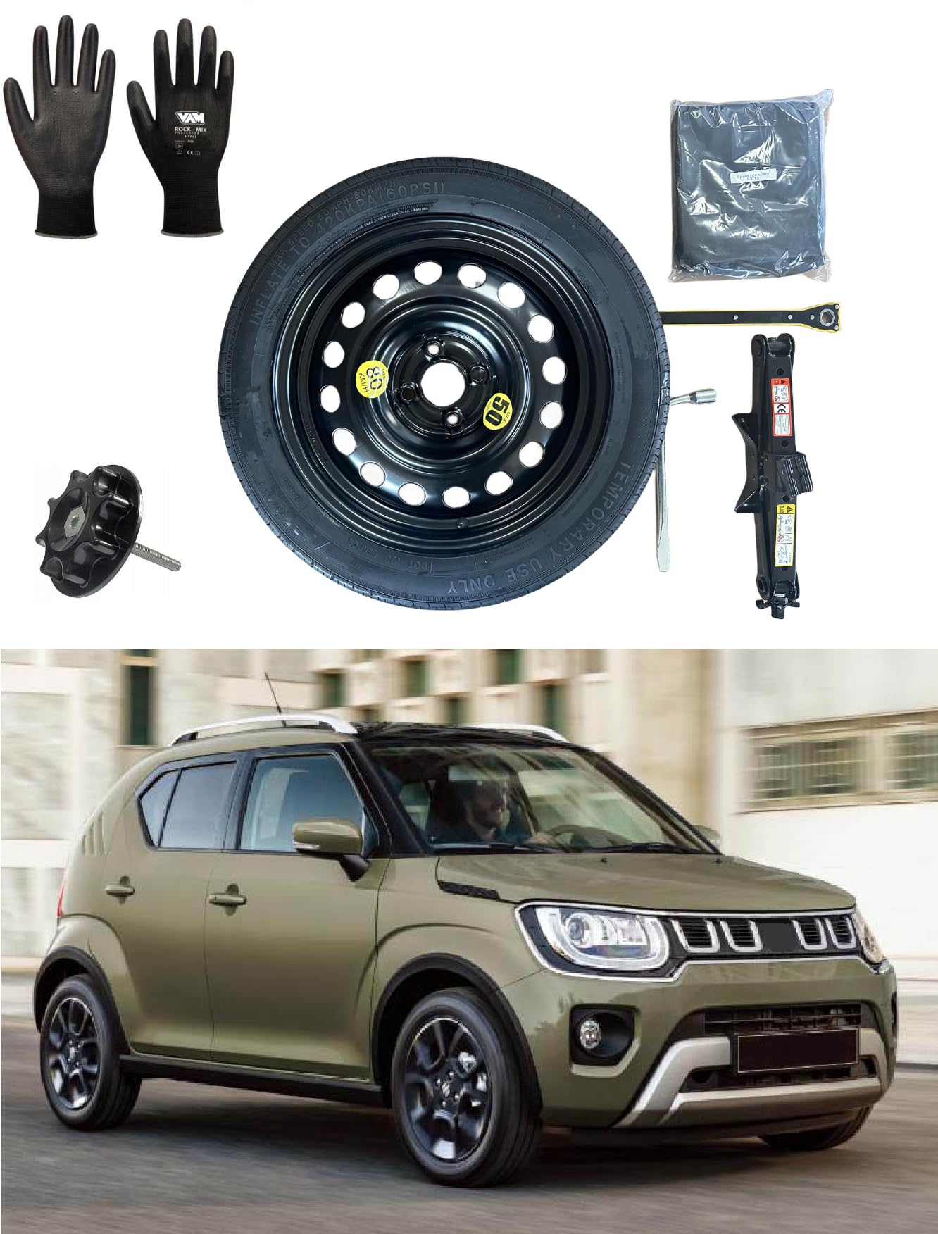 Notrad 17" kompatibel mit Suzuki Ignis (ab 2017), mit Wagenheber, Schlüssel, Schraube, Handschuhe und Tasche von D'ANGELO 1988
