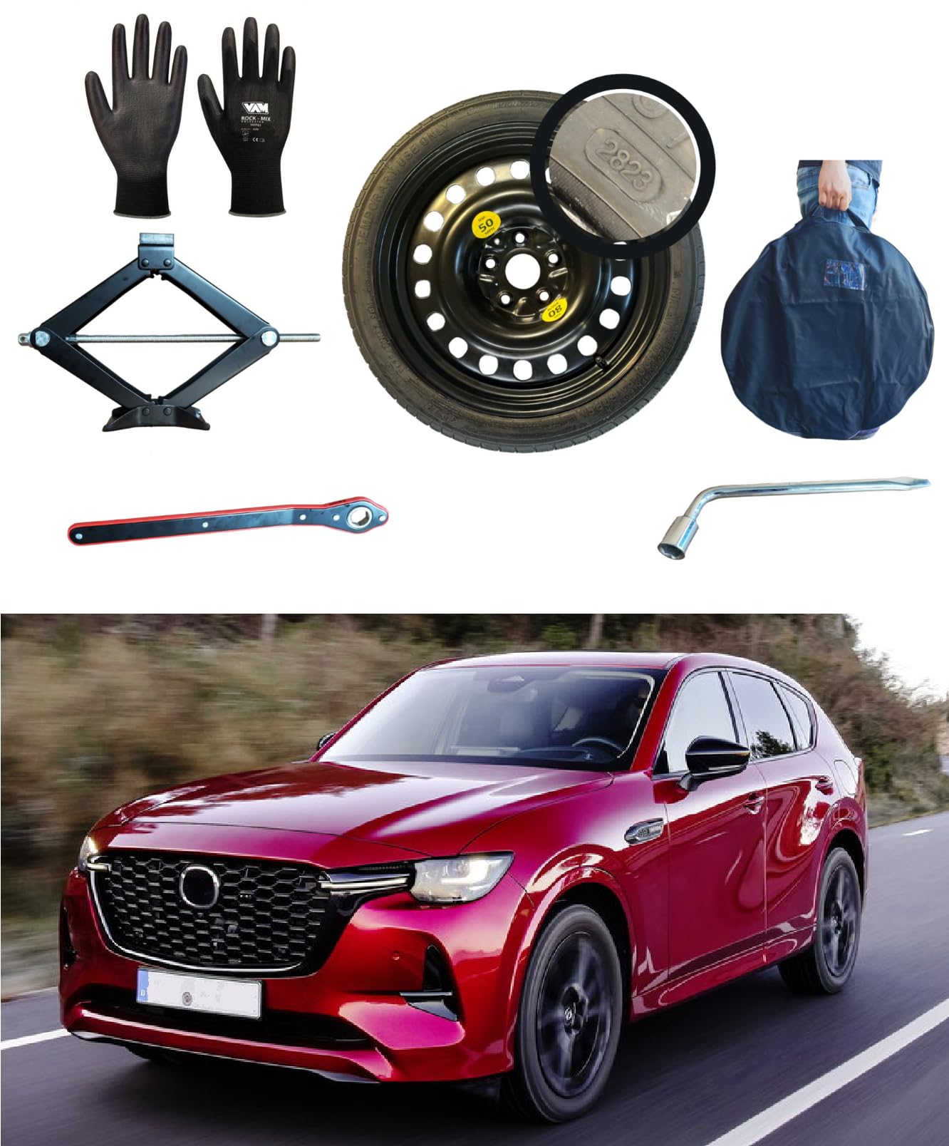 Notrad 18" kompatibel mit Mazda CX-60 mit Wagenheber, Schlüssel, Handschuhe und Tasche Notrad 18" kompatibel mit Mazda CX-60 mit Wagenheber, Schlüssel, Handschuhe und Tasche von D'ANGELO 1988