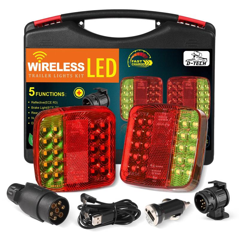 D-TECH Wasserdicht Kabellos LED Rückleuchten Mit Magnet 12V 24V Bluetooth für Anhänger, Traktor - 13 Auf 7 Polig Adapter, Magnetisch Akku von D-TECH