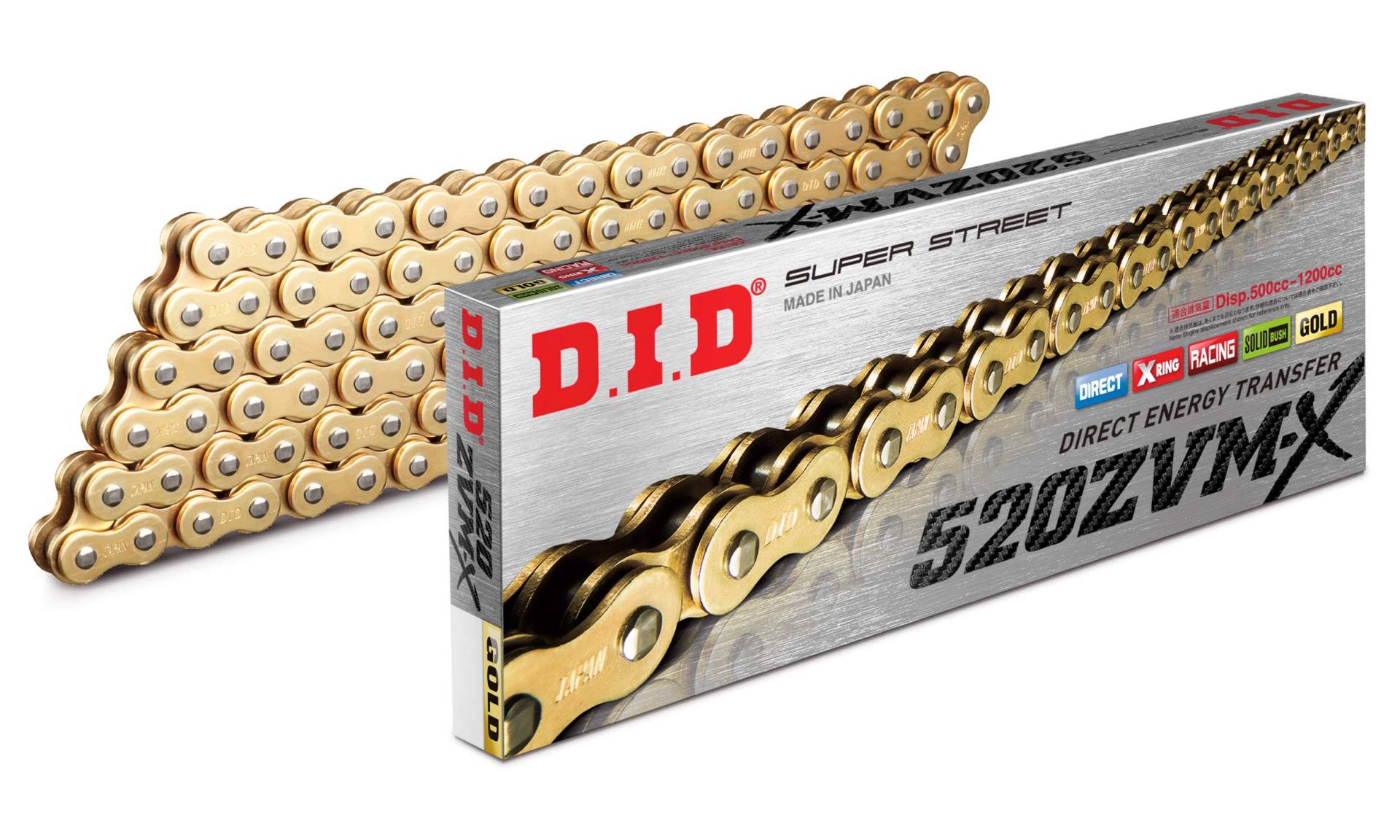 DID Kette 520 ZVMX, 112 Glieder (X-Ring gold), offen mit Nietschloss von D.I.D Racing Chain