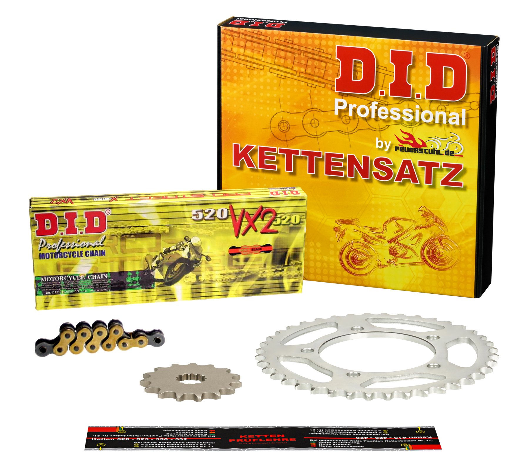 Kettensatz Kawasaki ER-6N, 2005-2014, ER650A, ER650C, ER650E, DID X-Ring (VX2 gold) verstärkt von Feuerstuhl.de GmbH