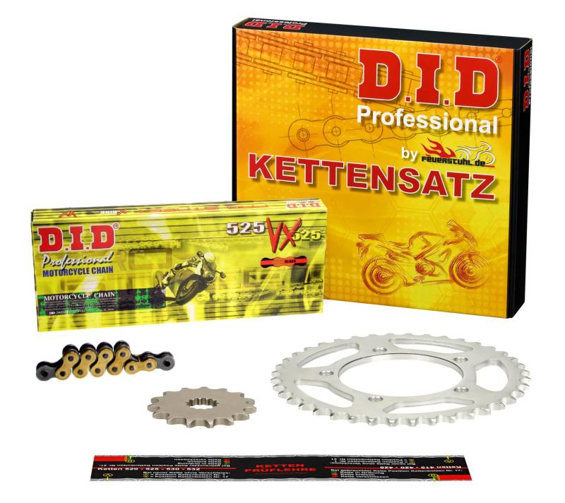 Kettensatz Kawasaki ZX-6R Ninja, 1998-2002, ZX600G, ZX600J, DID X-Ring (VX gold) extra verstärkt von Feuerstuhl.de GmbH