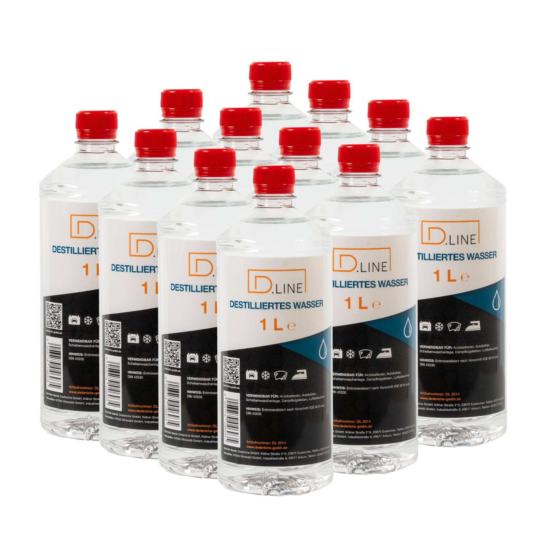 D.LINE Destilliertes Wasser 12x 1 Liter, Entmineralisiert nach Vorschrift VDE 0510 und DIN 43530 von D.LINE