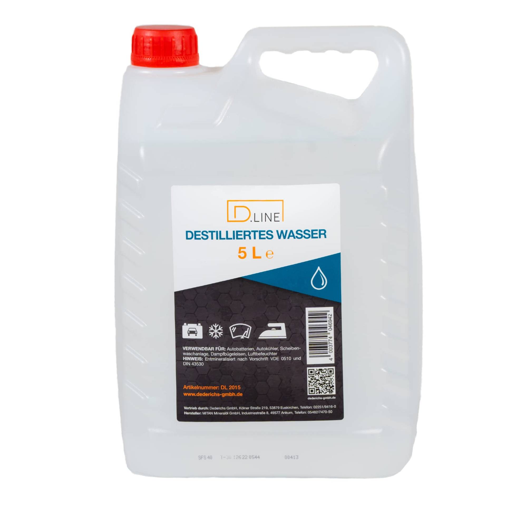 D.LINE Destilliertes Wasser 5 Liter, Entmineralisiert nach Vorschrift VDE 0510 und DIN 43530 (1 x 5 Liter) von D.LINE