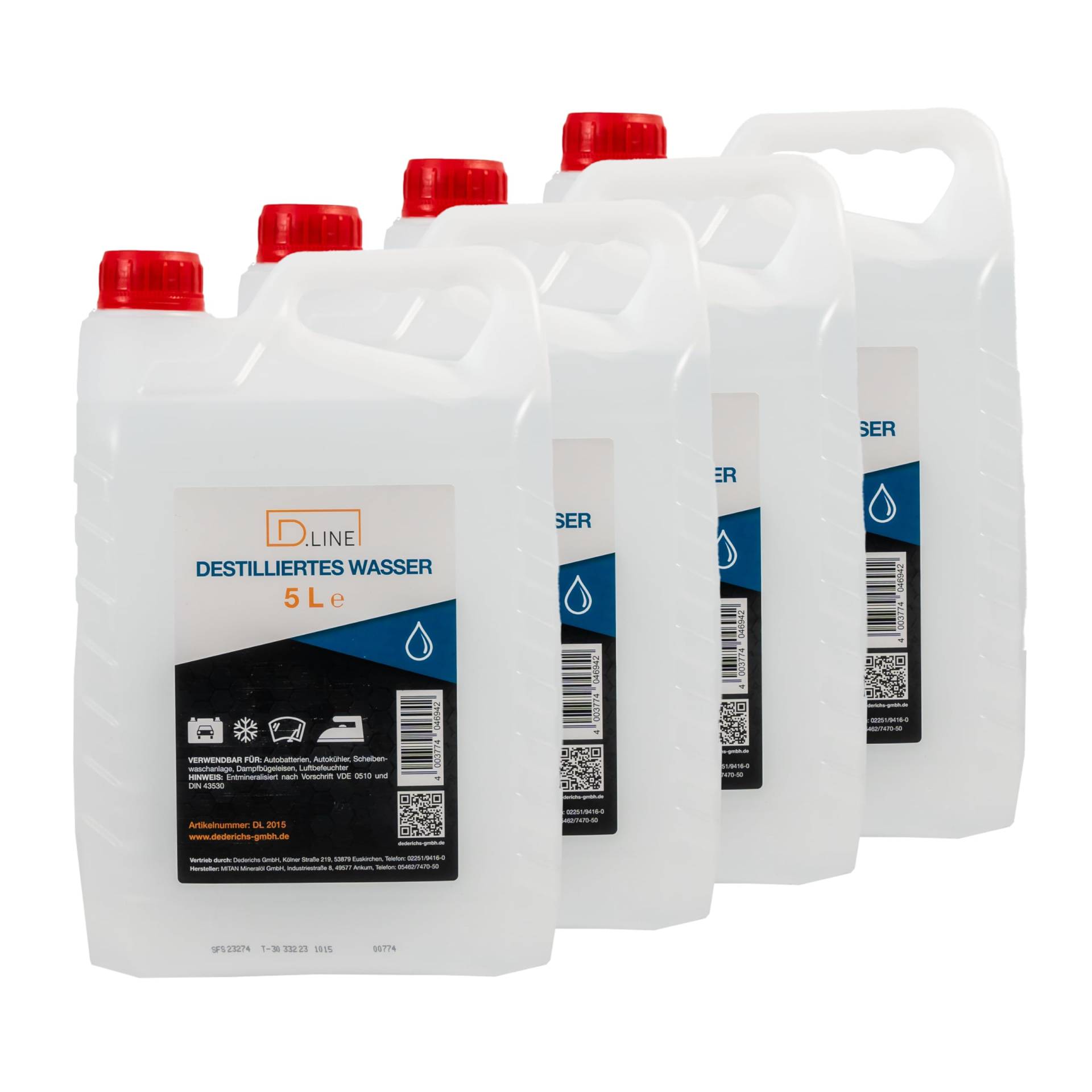 D.LINE Destilliertes Wasser 5 Liter, Entmineralisiert nach Vorschrift VDE 0510 und DIN 43530 (4 x 5 Liter) von D.LINE