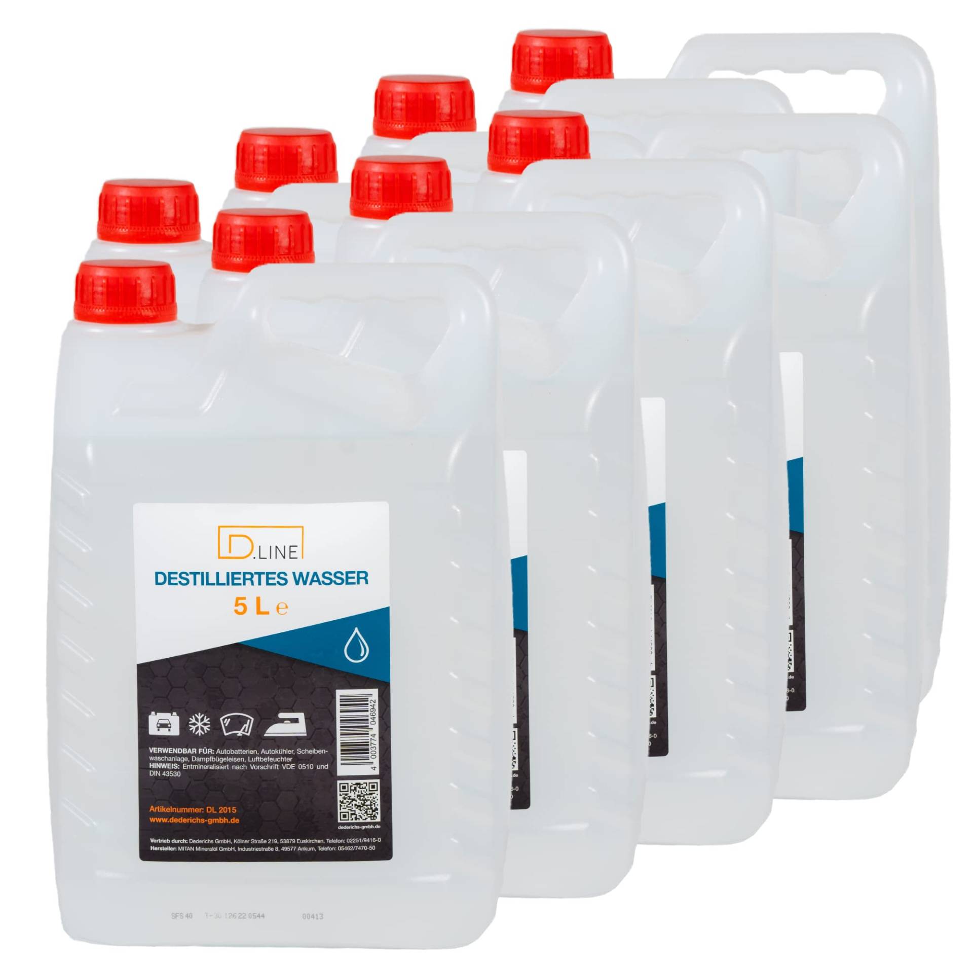 D.LINE Destilliertes Wasser 5 Liter, Entmineralisiert nach Vorschrift VDE 0510 und DIN 43530 (8 x 5 Liter) von D.LINE