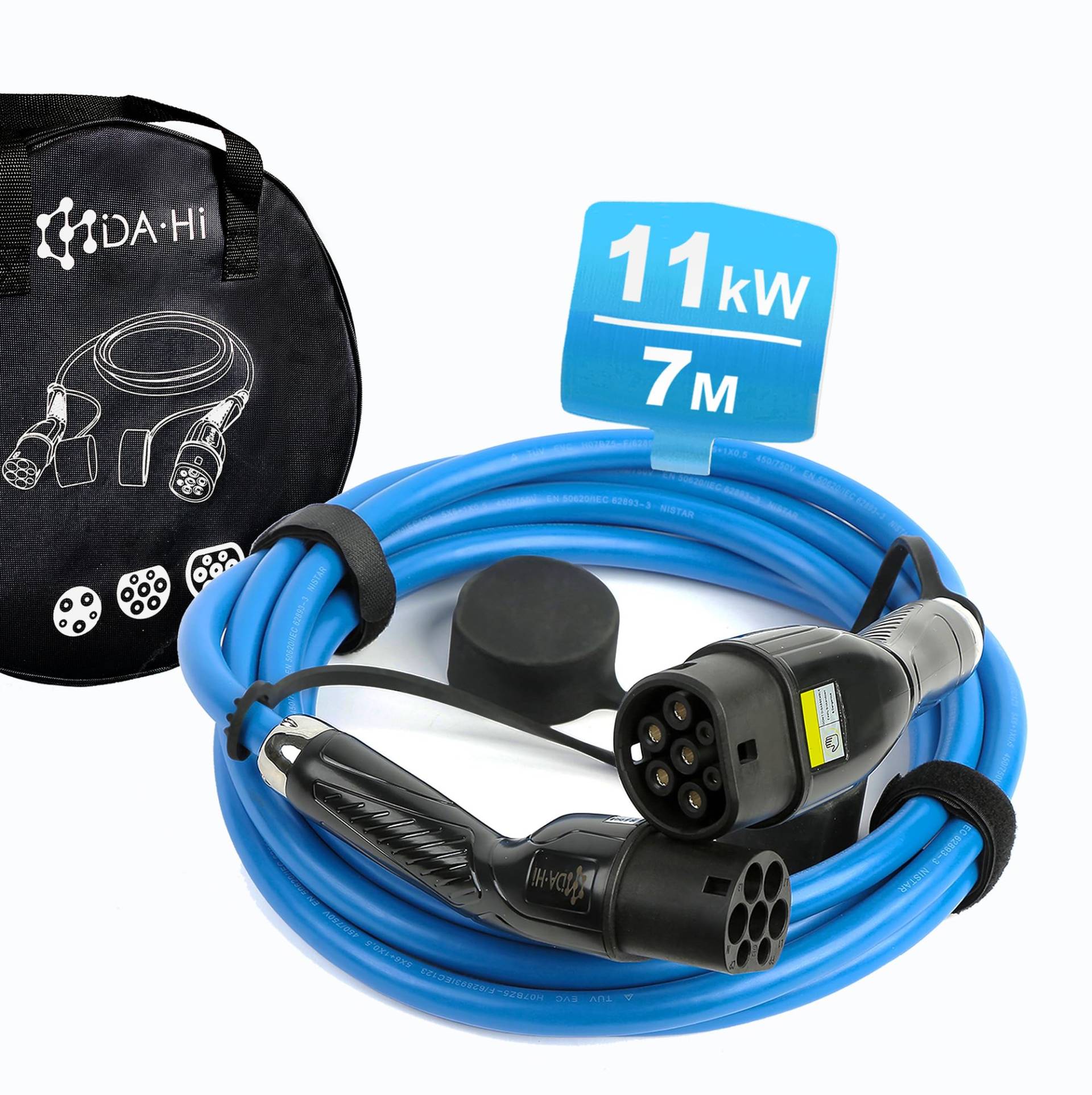DA Hi Typ 2 auf Typ 2 Ladekabel für EV PHEV Elektroauto und Plug in Hybrid in schwarz/Blau (11KW-16A-7M) von DA Hi