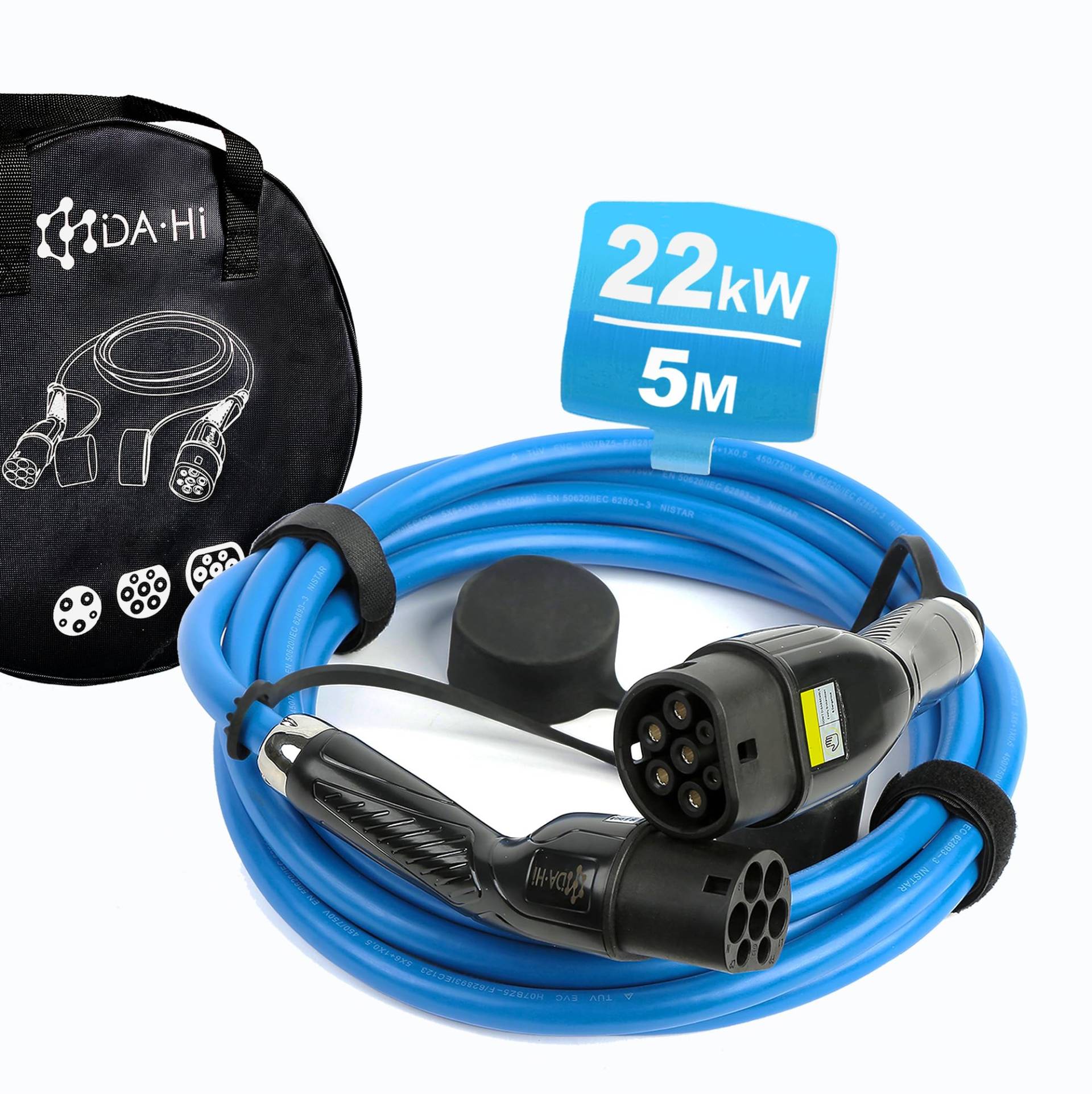 DA Hi Typ 2 auf Typ 2 Ladekabel für EV PHEV Elektroauto und Plug in Hybrid in schwarz/Blau (22KW-32A-5M) von DA Hi