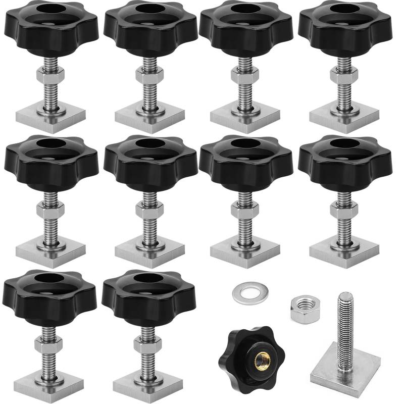 DAIRYCOF 12 Sets T-Nut Nutensteine M6x35mm, 20x20x4mm Nutensteine Dachträger inkl. Sterngriffmuttern & Unterlegscheiben – kompatibel mit Dachträger, Relingträger, Fahrradträger & Schiene von DAIRYCOF