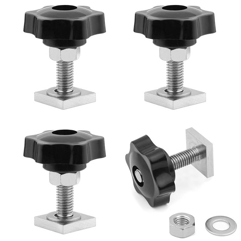 DAIRYCOF 4 Sets T-Nut Nutensteine M6x35mm, 20x20x4mm Nutensteine Dachträger inkl. Sterngriffmuttern & Unterlegscheiben – kompatibel mit Dachträger, Relingträger, Fahrradträger & Schiene von DAIRYCOF