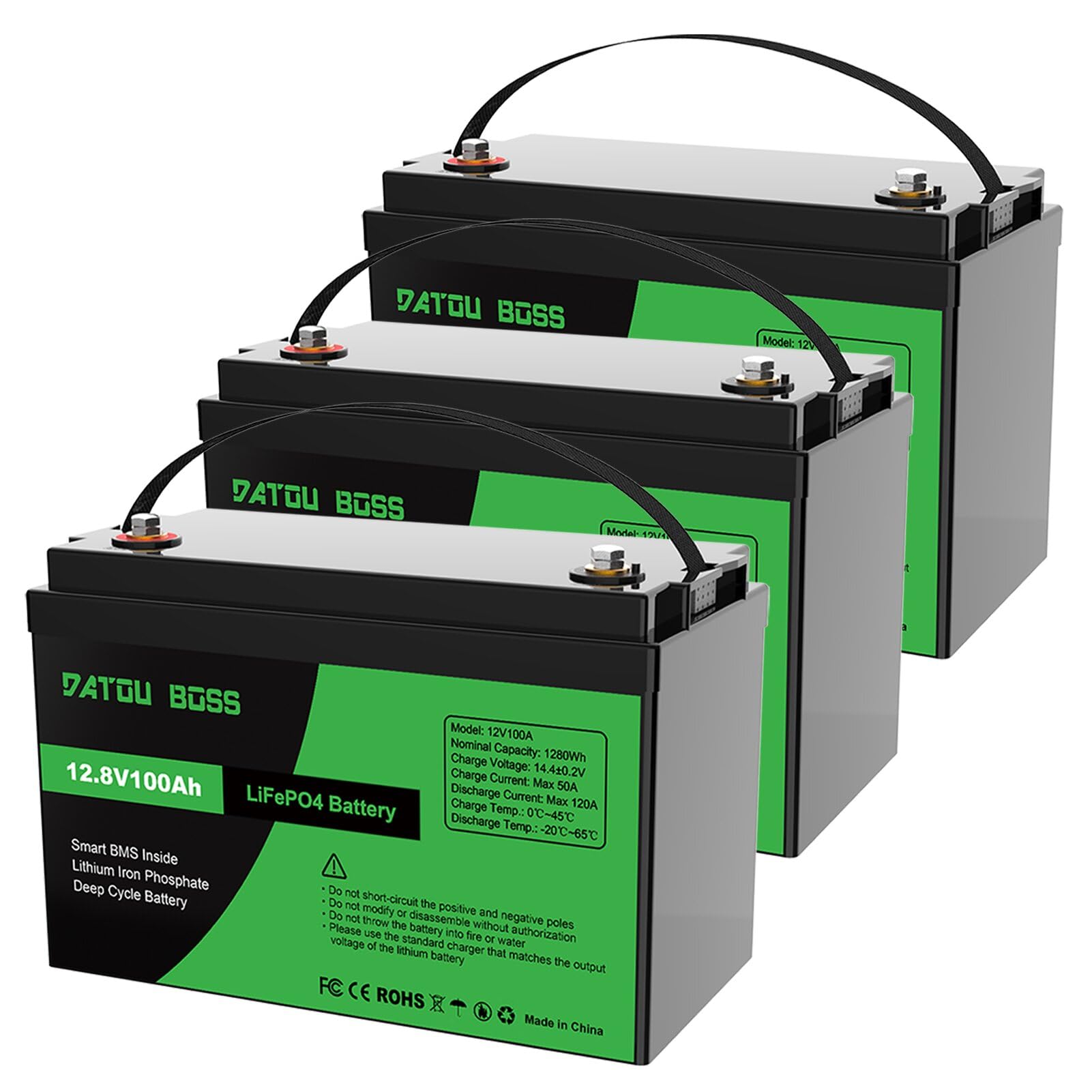 DATOUBOSS 12V 100Ah LiFePO4 Batterie, 1280Wh Lithium Akku mit Verbessertes 100A BMS, Max 15000 Tiefe Zyklen, Unterstützung in Serie/Parallelschaltung, für Wohnmobil, Solarpanel, Marine (3 Stück) von DATOUBOSS