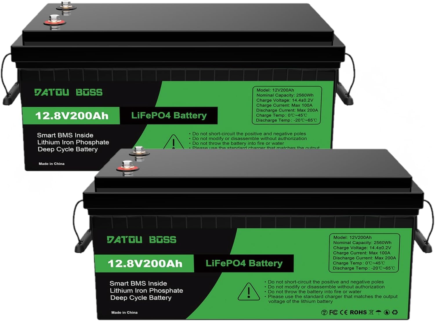 DATOUBOSS 12V 200Ah LiFePO4 Batterie, 2560Wh Lithium Akku mit Verbessertes 200A BMS, Max 15000 Tiefe Zyklen, Unterstützung in Serie/Parallelschaltung, für Wohnmobil, Solarpanel, Marine (2 Stück) von DATOUBOSS