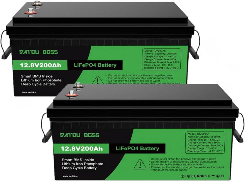 DATOUBOSS 12V 200Ah LiFePO4 Batterie, 2560Wh Lithium Akku mit Verbessertes 200A BMS, Max 15000 Tiefe Zyklen, Unterstützung in Serie/Parallelschaltung, für Wohnmobil, Solarpanel, Marine (2 Stück) von DATOUBOSS