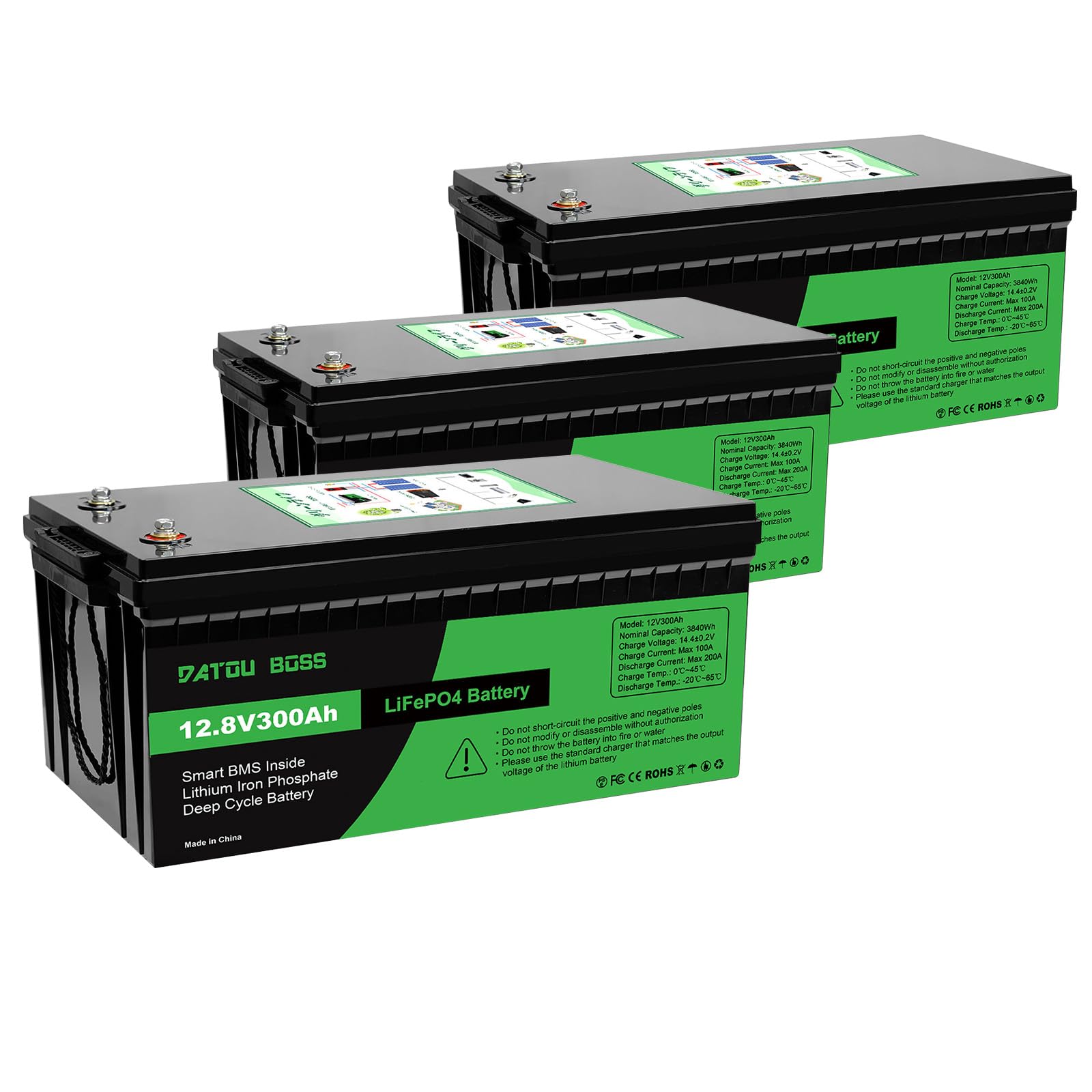 DATOUBOSS 12V 300Ah LiFePO4 Batterie, 3840Wh Lithium Akku mit Verbessertes 200A BMS, Max 15000 Tiefe Zyklen, Unterstützung in Serie/Parallelschaltung, für Wohnmobil, Solarpanel, Marine (3 Stück) von DATOUBOSS