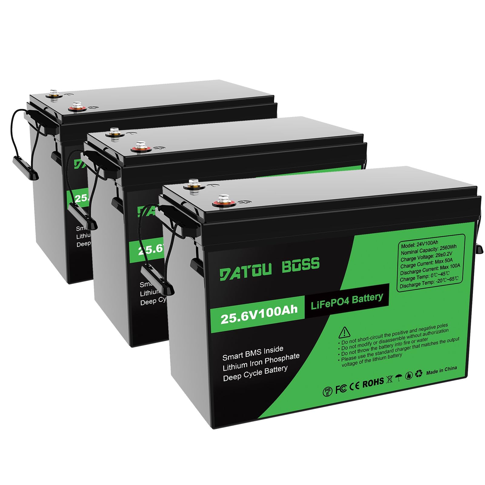 DATOUBOSS 24V 100Ah LiFePO4 Batterie, 2560Wh Lithium Akku mit Verbessertes 100A BMS, Max 15000 Tiefe Zyklen, Unterstützung in Serie/Parallelschaltung, für Wohnmobil, Solarpanel, Marine (3 Stück) von DATOUBOSS