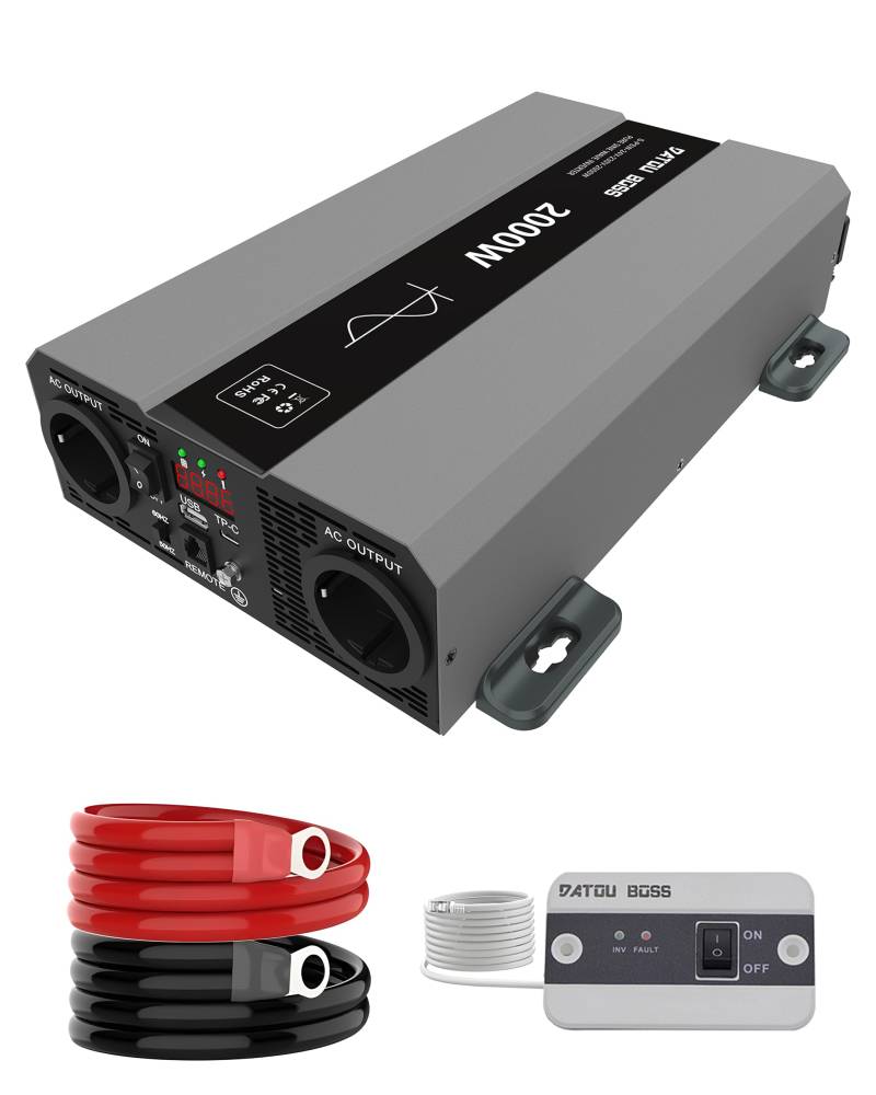DATOUBOSS Wechselrichter 24v auf 230v Reiner Sinus 2000w, Spannungswandler 24v 230v 2000w mit AC Steckdose und 3A USB Anschluss für Haus, Wohnmobil, LKW, Off-Grid Solarstrom Inverter (SAK-24V2000W) von DATOUBOSS