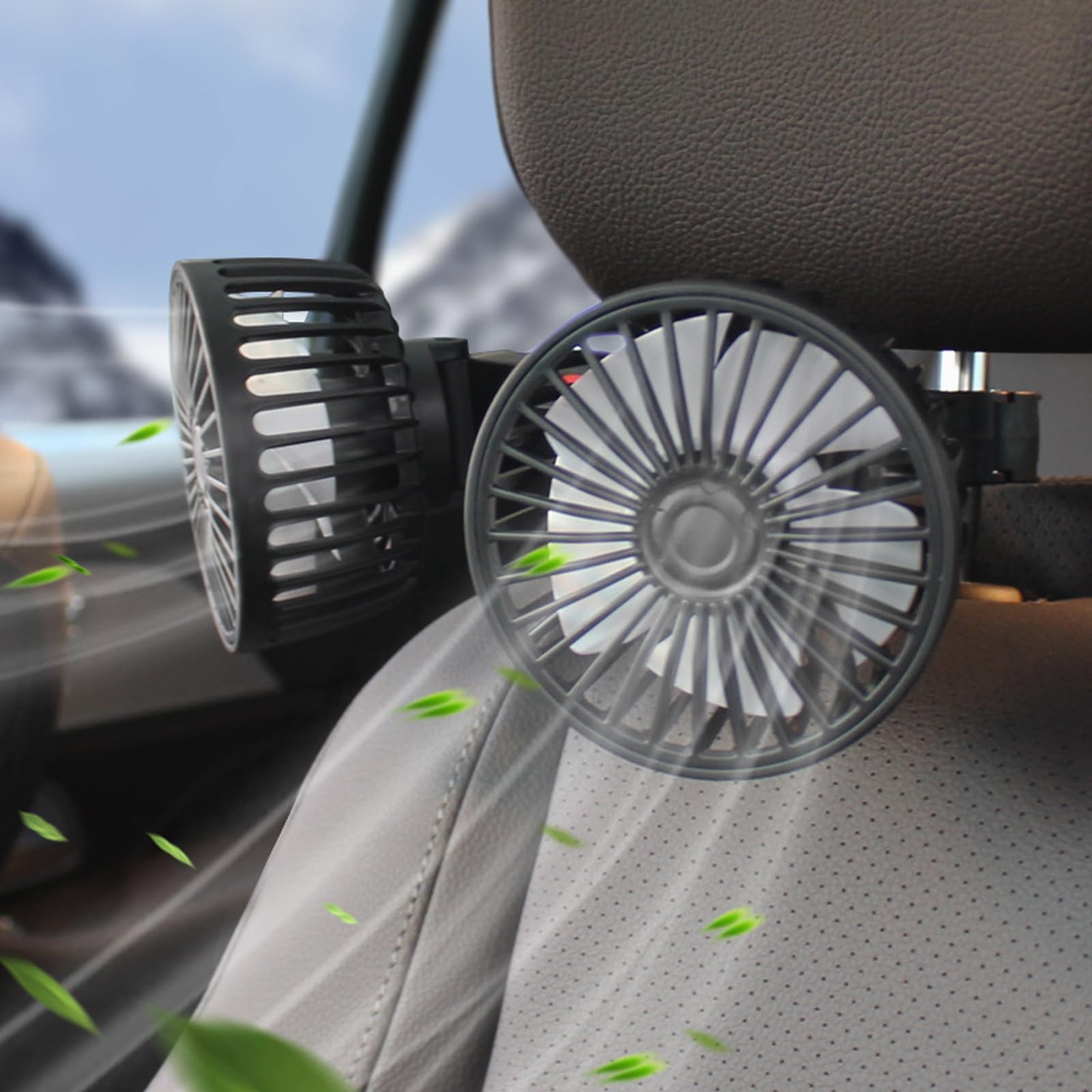 Doppelkopf 12V Auto Ventilator,Tragbare 360 °Drehbarer Auto Fan,Auto Ventilator für Rücksitz,Auto-Kühlluftventilator mit 3 Geschwindigkeiten,Tragbarer USB Ventilator Lüfter,für LKW Van SUV RV von DAZZTIME